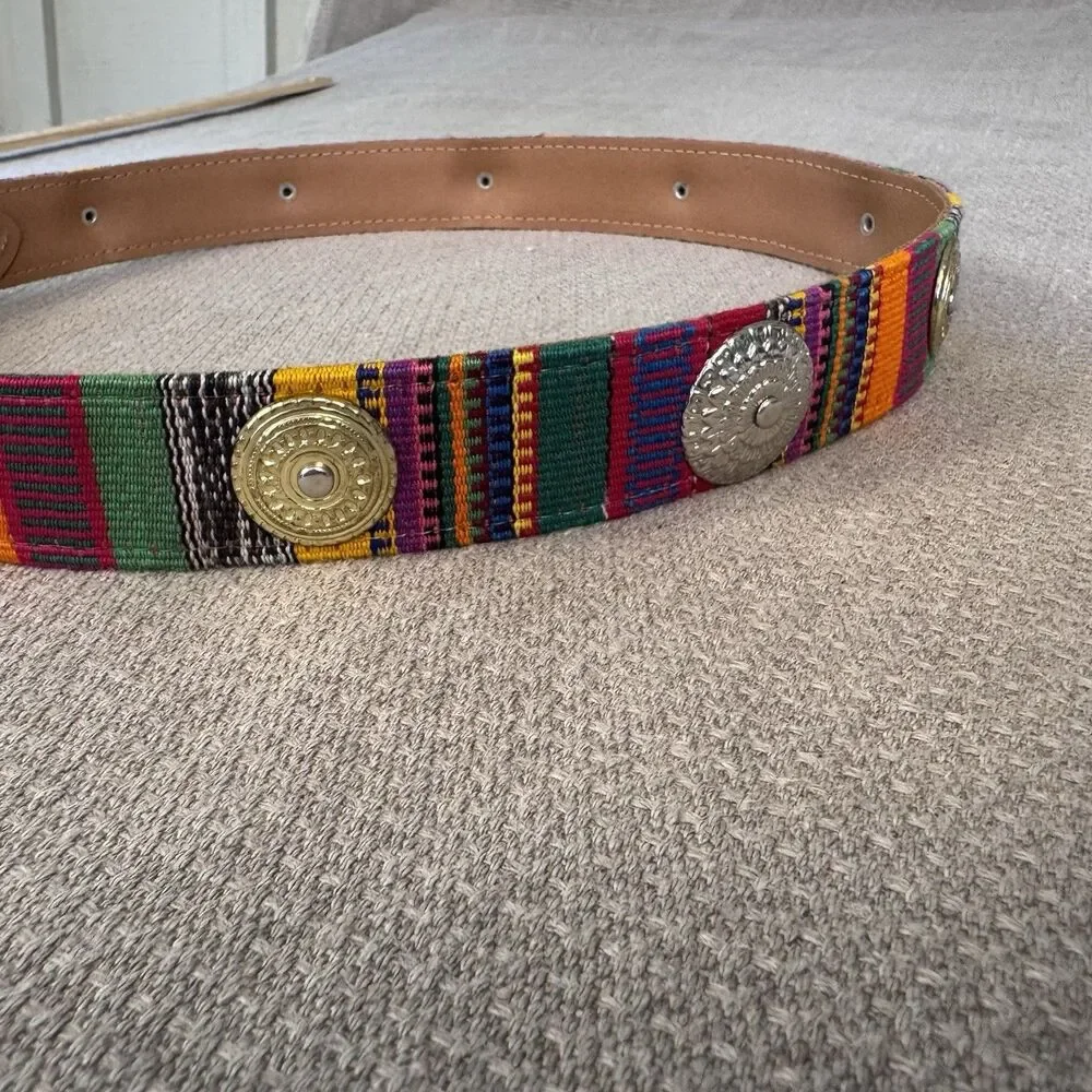 Vintage Boho Leather Belt Handwoven Medallion Belt Hippie Guatemala Sz S 553